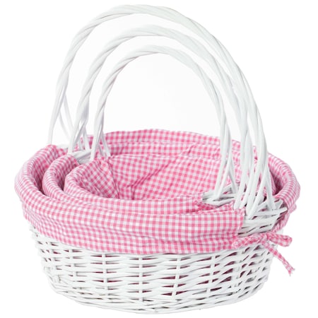 Vintiquewise White Round Willow Gift Basket, with Pink Gingham Liner and Handle- Set of 3 QI003820PK.3
